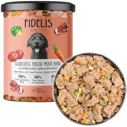 Fidelis – Gekochtes Frische-Menü für Hunde mit Rind, Süßkartoffel, Apfel & Brokkoli (6 x 400g Glas) – Hundefutter mit 70% Fleischanteil & frischen Zutaten – Nassfutter ohne Zusätze & ungekühlt haltbar