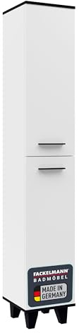 FACKELMANN TE-A Hochschrank 30 cm mit Füßen, Weiß – Moderner Stauraum fürs Badezimmer, Made in Germany, mit mattschwarzen Details und Vier Glaseinlegeböden