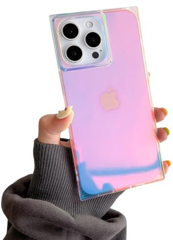 Glossy Rectangle Iridescent Translucent Phone Case for iPhone 15 Pro Max 6.7in,Aesthetic Purple Laser Sparkle Slim Rectangled Shape Shockproof Trendy Cover(i15promax 6.7,Glossy)