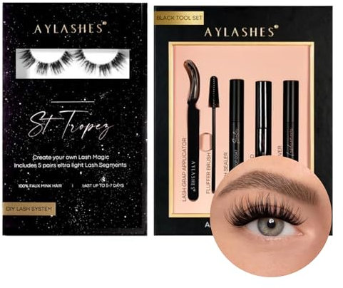 AYLASHES - DIY Wimpernextensions Starter Set ST. TROPEZ | 5 Paar Wimpern, Applikator, Wimpernkleber, Top Coat Sealer transparent, Lash Remover | Wimpern DIY Set für zu Hause | bis zu 7 Tage Halt