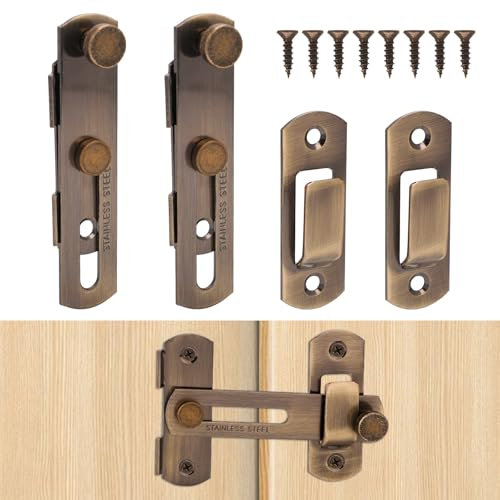 2pcs Serrures de Porte de Grange Acier Inoxydable, Loquet Porte Coulissante Rabattable 180 Degrés Serrures et Loquets de Porte Usage Multiple Quincaillerie de Porte pour Garage (Bronze)