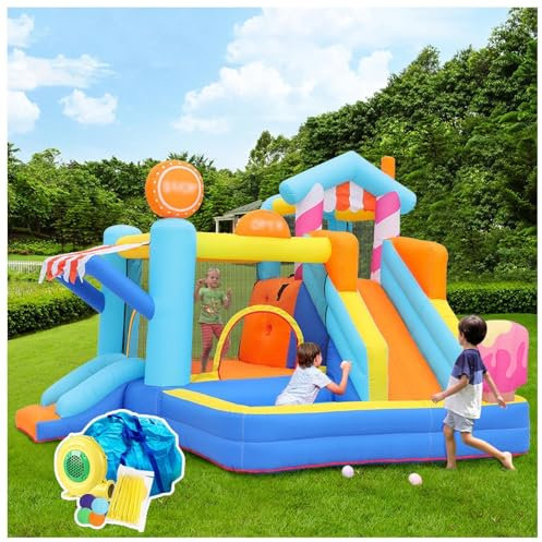 HBDSMLPL Aire De Jeux Gonflable avec Toboggan, Trampoline, d'escalade, Piscine et Souffleur, Châteaux Et Aires De Jeux Gonflables pour Enfants Extérieur Intérieur, 340x320x240 cm