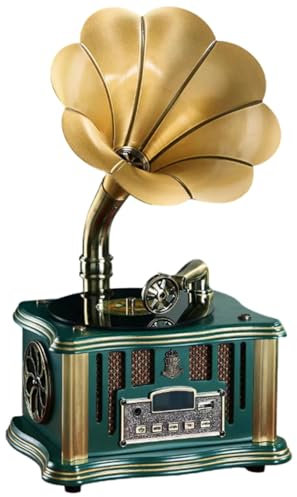 Retro Phonograph Record Player, Nostalgic Vintage Gramophone with Wireless Bluetooth Speaker and FM Radio for Cell Phones, Tablets, Laptops,Green