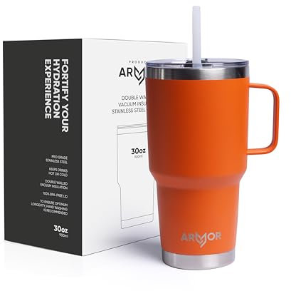 Product Armor 30oz / 900ml Premium 18/8 Stainless Steel Tumbler with Leak Proof lid and Straw - Iced Coffee, Hot Drinks, Travel Mug (Lava Orange)