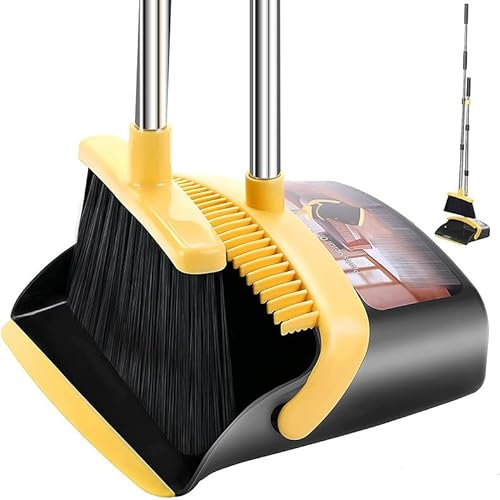 2-Pack is More economical，Upgraded Broom and Dustpan， with 52 Long Handle, Dustpan Teeth with self-Cleaning Function, Indoor and Outdoor Sweeping, Perfect for Home Office