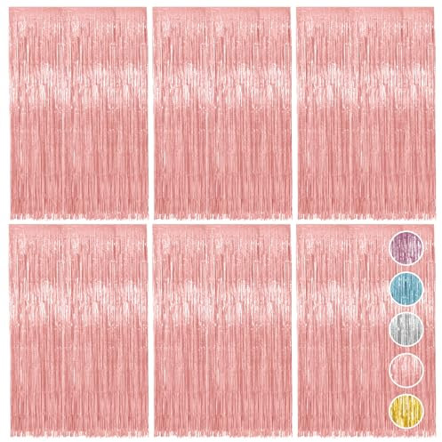 6pcs Foil Curtain, Rose Gold Tinsel Curtains, Metallic Foil Fringe Curtain, Hanging Door Streamers for Birthday Party Wedding Holiday Graduation Bridal Shower Backdrop Decoration (3.3 x 6.6ft)