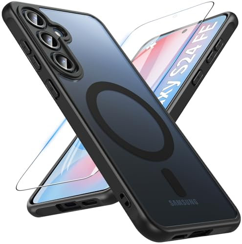 For Samsung Galaxy S24 FE Magnetic Case with Screen Protector,[Compatible with MagSafe] Slim Translucent Matte Shockproof with Anti-Fingerprint Phone Case Cover (Black)