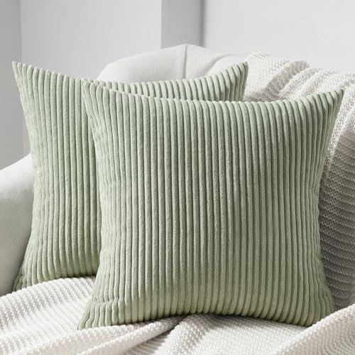 Topfinel Kissenbezug 65x65 grün 2er Set Kordsamt gestreiftes Muster Kissenbezüge Kissenhülle Dekokissen Sofakissen Couchkissen Dekokissen Zierkissenbezug Deko Kissenhüllen Wohnzimmer