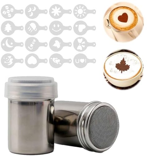2-Piece Chocolate Shaker Set, Coffee Powder Set, Stainless Steel Mesh Powdered Sugar Spreader with 16 Coffee Templates Suitable for Syrup, Cream, Powdered Sugar, Cocoa, Cappuccino, Kitchen