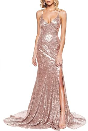 Générique Femmes Paillettes Robes De Bal Bretelles Spaghetti Col V SirèNe Robes Formelles De SoiréE avec Fente Rose Gold 10XL