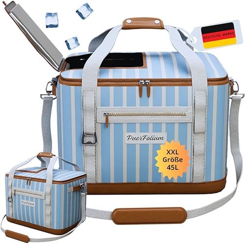PuerFolium Kühltasche 45L Groß Faltbar XXL Wasserdicht Tragbar Mit Oberklappe Für Strand Camping Auto Picknick Einkauf Reise Thermotasche Leicht Isoliert Kühlbox Familienausflug Outdoor Freizeit BLAU