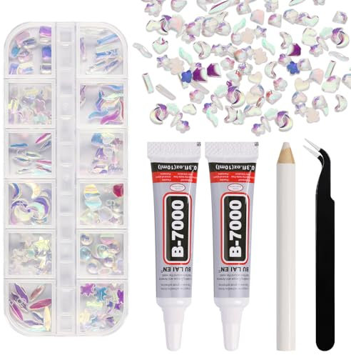 Kaluofan Nail Gems - 12 Styles Clear Flatback Rhinestones for Crafts, Clothes, Earrings & Phone Cases with B7000 Glue, Tweezer & Picking Pen