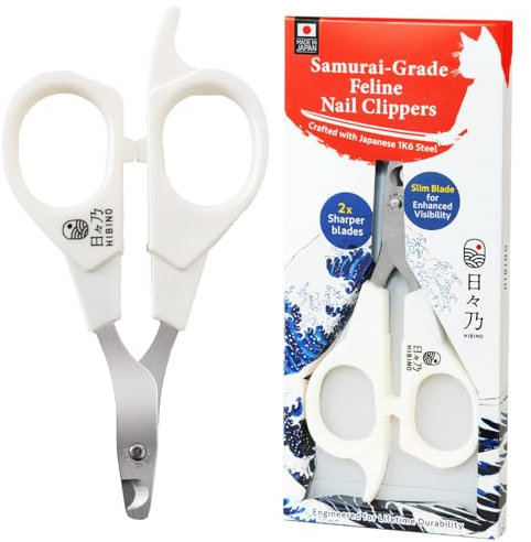 HIBINO Samurai-Qualität Krallenschere Katzen – Tierarzt empfohlen | Katzen Krallenschneider für stressfreies Schneiden | Präzisionsklinge & Rutschfester Griff | Katzen Zubehör Indoor | Made in Japan