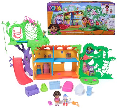 Dora, Explore & Play Regenwald Casita Spielset, Dora & Boots Figuren, Puppenhausmöbel, zweisprachige Sätze, Kinderspielzeug für Mädchen & Jungen ab 3 Jahren