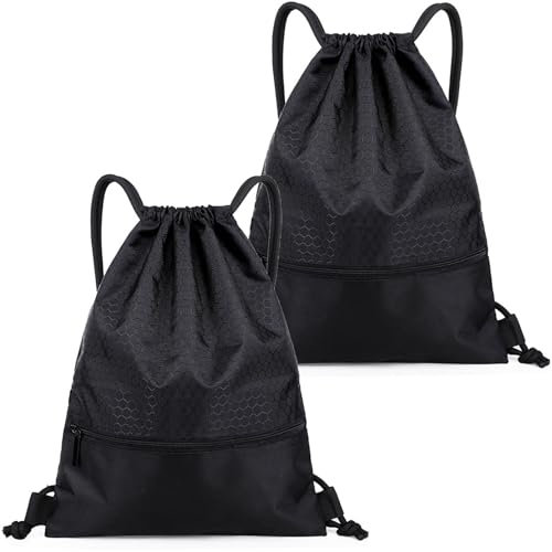 Vimmvid 2 Stück Turnbeutel Jungen, 34x43 cm Sportbeutel Jungen mit Kordelzug, Verstellbar, Schwarz, Wasserdicht, Damen, Herren für Sport, Reisen, Schule, Strand