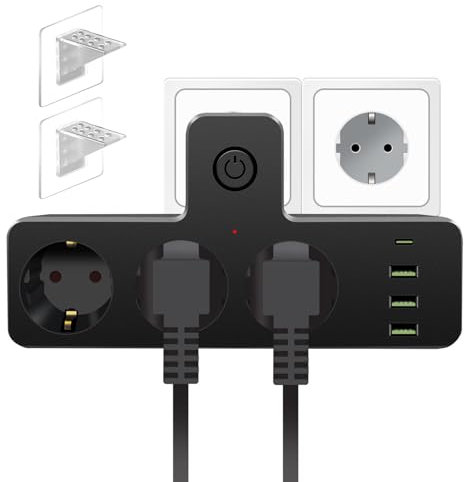Steckdosenleiste 3-Fach, Mehrfachsteckdose mit Überspannungsschutz und Schalter, Steckdose mit 4 USB Netzstecker, Mehrfachstecker Steckdosenadapter mit 2 Halterungen