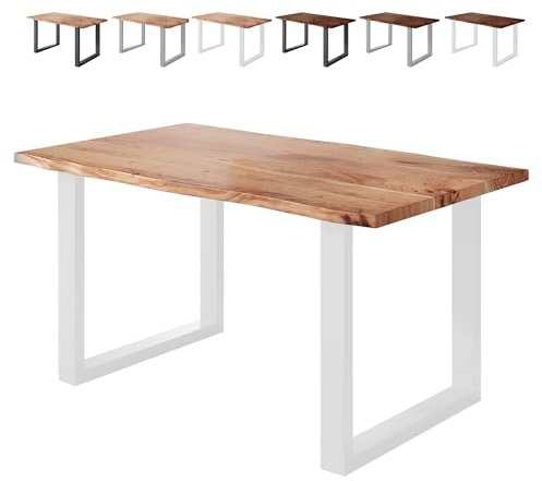 Loreno Esstisch 140×80×77cm Vento Akazie Natur – U-Gestell Weiß | Massiver Akazienholztisch naturfarben mit 26mm starker Tischplatte – Perfekt für Esszimmer und Küche