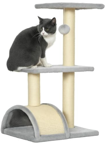 PawHut Kratzbaum 72 cm mit Plüschballen für mittelgroße Katzen Hellgrau | Sisalstämme, Plattform, Kratzbrett, Mehrstöckiger Katzenkratzbaum, Kletterbaum, Katzenturm