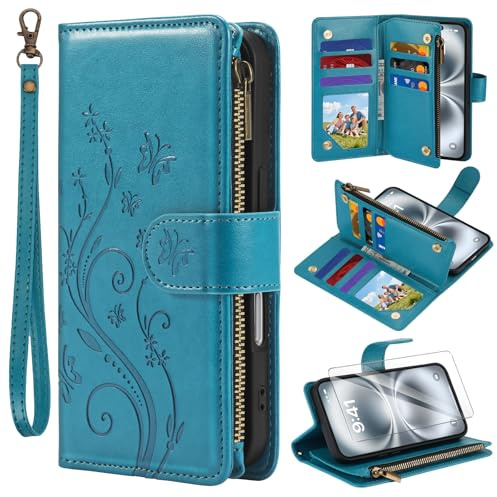 AROYI Handyhülle für iPhone 16 hülle mit Schutzfolie, Magnet Kartenfach Stander Lederhülle Klappbar Klapphülle Flip Case Stoßfest Wallet Handschlaufe Multifunktional Schutzhülle Blau
