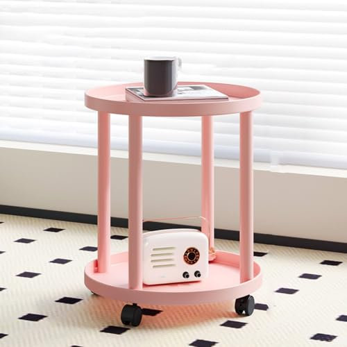 YPDOPORA Table D'appoint Ronde avec Rangement, Petites Tables D'appoint Rondes À 2 Niveaux, Table D'appoint De Canapé Polyvalente avec roulettes, Tables Basses D'appoint avec Cadres en Métal,Rose