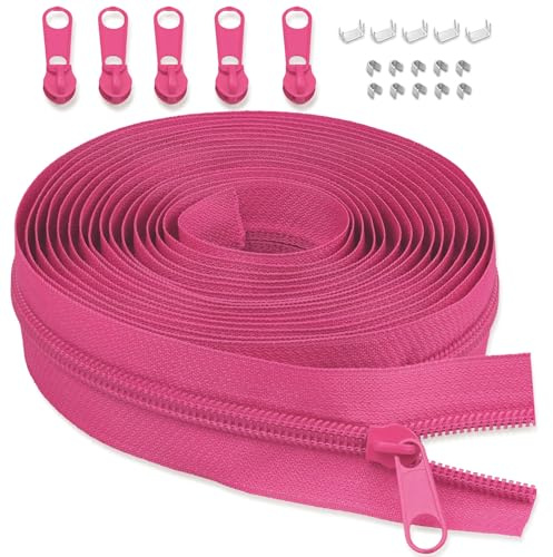 LHZHLE Chiusura lampo infinita da 5 mm, con cerniera: 3,65 m, in nylon rosso rosa, chiusura lampo – al metro con 5 cerniere per biancheria da letto e cuscino