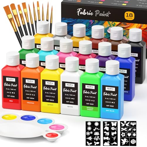 Nicpro Textilfarbe Waschmaschinenfest 18 Farben Je 60 ml, Ungiftige | Stofffarben Waschfest, Stoffmalfarben mit 10 Pinsel, Palette, Vorlagen, farbe für DIY Kleidung, T-Shirts,Jeans,Taschen,Schuhe