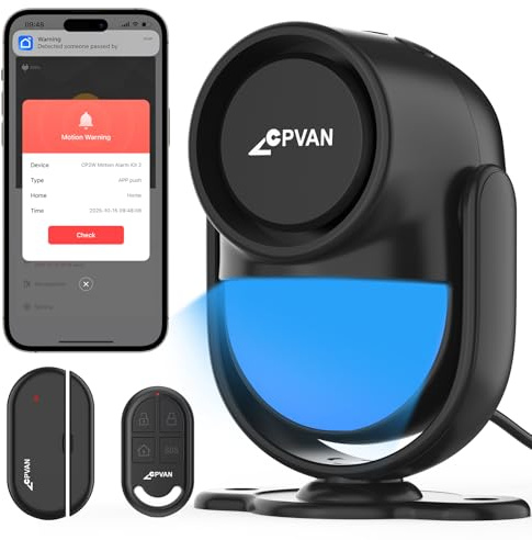 CPVAN Home Alarm Systems, 2.4G WiFi PIR Motion Sensor, Wireless DIY Smart Door/Window for Home Security with Phone APP Alert 3 Pieces Kit (PIR Alarm Hub, 1 Door Sensors, 1 Remotes) Black