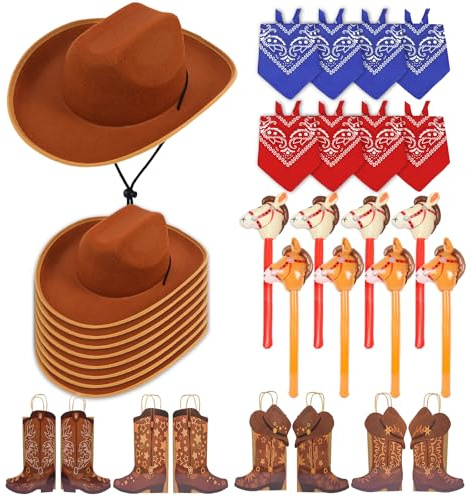 DRANSMIC 36PCS Cowboy Hats Costume with 8 Set Cowboy Hats, Bandanas, Horse Balloons and Boot Paper Carrying Bags - Halloween Cowboy Cowgirl Costume Party Favor (Brown)