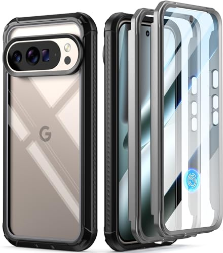 Poetic Guardian Case for Google Pixel 10 Pro XL 5G, Built-in Screen Protector [Work with Fingerprint ID], [2 Front Frame] [Wireless Charge] Full Body Shockproof Rugged Clear Cover Case, Black/Clear
