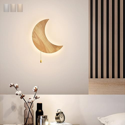 GZZBMY LED Innen Wandleuchten mit Zugschnur Schalter Drei Farbtemperaturen Dimmbar Wandleuchte Modern Massivholz Wandbeleuchtung für Kinderzimmer Schlafzimmer Dekoration (B: Mond)