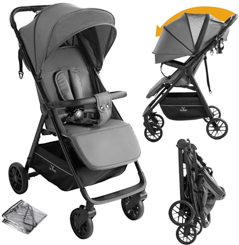 Reenborn Ultraleichter Kinderwagen mit nur 4,6 kg mit Verstellbarer Liegeposition, Buggy Reisebuggy für Babys bis 15 kg, Kompakter, Tragbarer, Zusammenklappbarer Kinderbuggy mit Zubehör (A8 Grey)