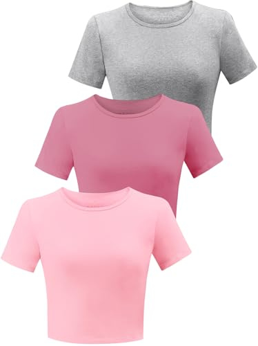 BryticFlow 3er Pack Cropped T-Shirts Damen Baumwolle Kurzarm Yoga Crop Top | Workout Crop T-Shirts, Kurzarm Yoga Shirt, Fitness T-Shirt, Basic Crop Pilates Top,Workout Gym Shirt,