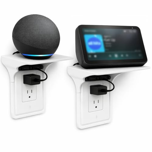 (2 PACK) Outlet Shelf with Cord Storage – Wall Mount Organizer for Echo Dot, HomePod Mini, Alexa and Smart Home Devices – Bathroom Space Saver, Renter-Friendly for Kitchen, Bedroom, Office