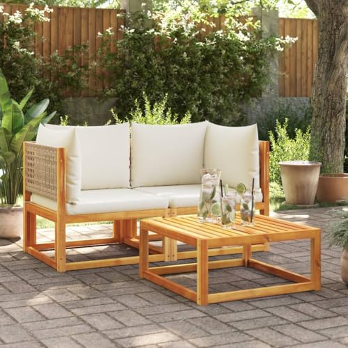 YuuSsea Gartensofa-Ecke, 2er-Set, Akazienholz, Rattan-Geflecht, mit Cremeweißen Kissen, Modulares Outdoor-Sitzmöbel, für Terrasse, Balkon, Garten