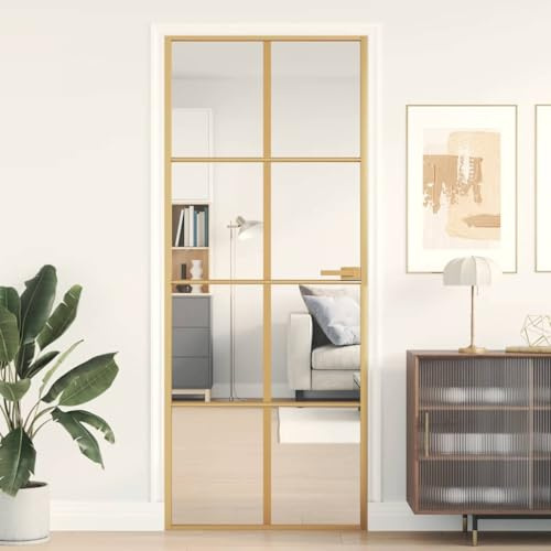 Porte intérieure fine dorée 83 x 201,5 cm Verre trempé et aluminium avec cadre en métal robuste, grande vitre, design moderne pour des espaces de vie lumineux et montage facile dans un cadre en bois