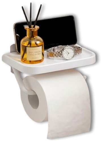 Self Adhesive Toilet Roll Holder with Phone Shelf, Toilet Paper Holder, 6.89 x 4.29 x 2.76 inches Wall Mounted Toilets Paper Roll Holders for Bathroom Kitchen (White)