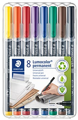 STAEDTLER permanenter Universalstift Lumocolor, wisch- und wasserfest, sekundenschnell trocken, nachfüllbar, F-Spitze - Linienbreite 0,6 mm, 8 Marker in sortierten Farben, 318 WP8