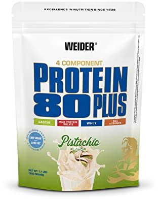 Weider - Protein 80 Plus - 4-Komponenten Protein Pulver - Hoher Proteingehalt mit 80% Eiweiß - Cremige Shakes mit Calcium & Vitamin B6 - 500g - Pistazie
