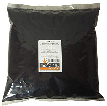 MoonshinersChoice Aktivkohle 1 Kilo | Klärung - Geschmacksverbesserung - Filtrieren - Färben | A-Kohle aus Kokosnuss | Lebensmittelecht & für Bio-Getränke zugelassen | Entfernt Fehlaromen