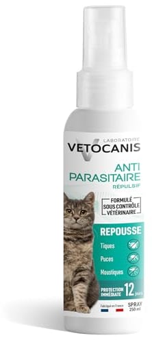 Vetocanis | Spray Anti-Tiques, Anti-Moustiques, Anti-Puces Chat | Traitement Protection Antiparasitaire Chat | 12 Jours | Chat de + de 3 Mois | Tous Types de Poils | Formulé sous contrôle Vétérinaire