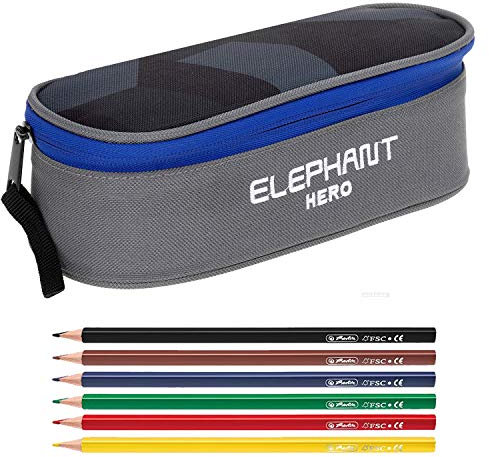 2 Teile Set Mäppchen Box Elephant Jungen Mädchen Federtasche Hero Signature Pennal 12773 inkl. 6er Pack Stifte (Cyber Camo Blau)