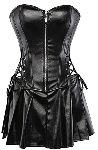 Grebrafan Damen Reißverschluss Korsett Kunstleder Corsage Rock (EUR(44-46) 4XL, Schwarz)