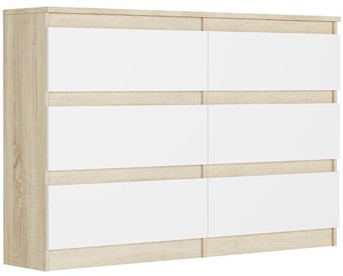 Framire R-120 Kommode in Sonoma Eiche mit Weiß, Kommode mit 6 Schubladen, Schrank für Schlafzimmer, Wohnzimmer, Bad, 120 x 76 x 31 cm