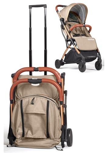 Lejoux™ Baby Pushchair Stroller– Lightweight Foldable Travel Buggy with 5-Point Harness, Adjustable Seat Back and Oversize Basket Folds with 1 Hand – Smooth Swivel Wheels Rain Cover (Beige)