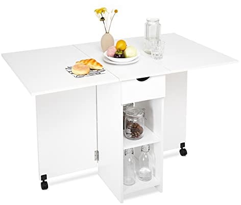 Mondeer Mobile Folding Dining Table, Drop Leaf Table with 1 Drawer and 2 Open Storage Shelves for Small Space Dining Room Kitchen, White
