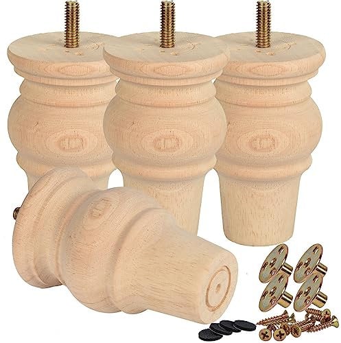 TCHOSUZ 4 Inch Wooden Furniture Legs (10cm) Set of 4 Solid Hardwood Replacement Bun Feet for Sofa, Couch, Chair, Ottoman, Dresser, Cabinet, Coffee Table - M8 Predrilled Screw Holes