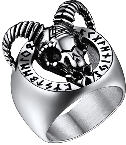 FaithHeart Edelstahlring für Herren Männer Ziege Kopf Ring mit Rune Symbol Punk Biker Siegelring in Ringgröße 57 Fingerring mit Geschenkebox für Paar Pärchen