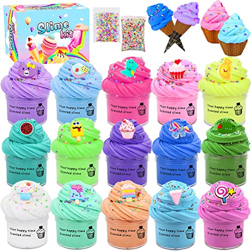 LiRiQi Kit de Slime Fluffy Butter 15 Pièces, Non Collant, Super Doux, Parfumé, 15 Décorations, 2 Cornets de Crème Glacée, 2 Bonbons Simulés, 16 Autocollants, Cadeau pour enfants & adultes décompresser