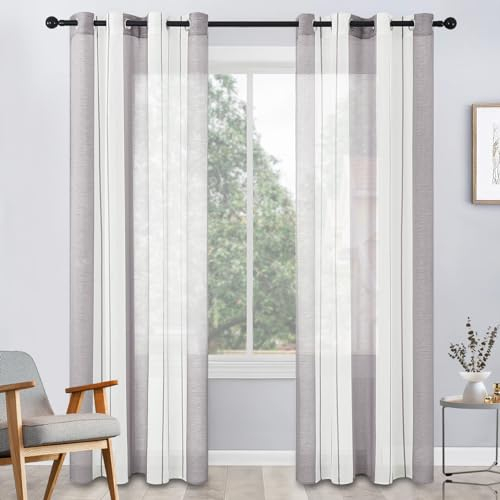MRTREES Voile Gardinen Kurz Vorhang Halbtransparent Streifen Stores Schals mit Ösenschal Moderner Wohnstil Weiß+Grau 225×140cm (H×B) für Dekoration Kinderzimmer Wohnzimmer Schlafzimmer 2er-Set