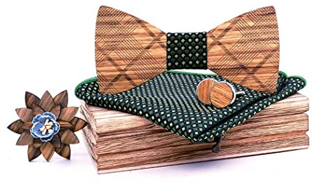 RQPYQF Noeud Papillon Bois, Ensemble de Noeud Papillon en Bois et Boutons de Manchette et Broche en Bois et Carré de Poche, pour Fête, Cérémonie et Mariage (Style#05)